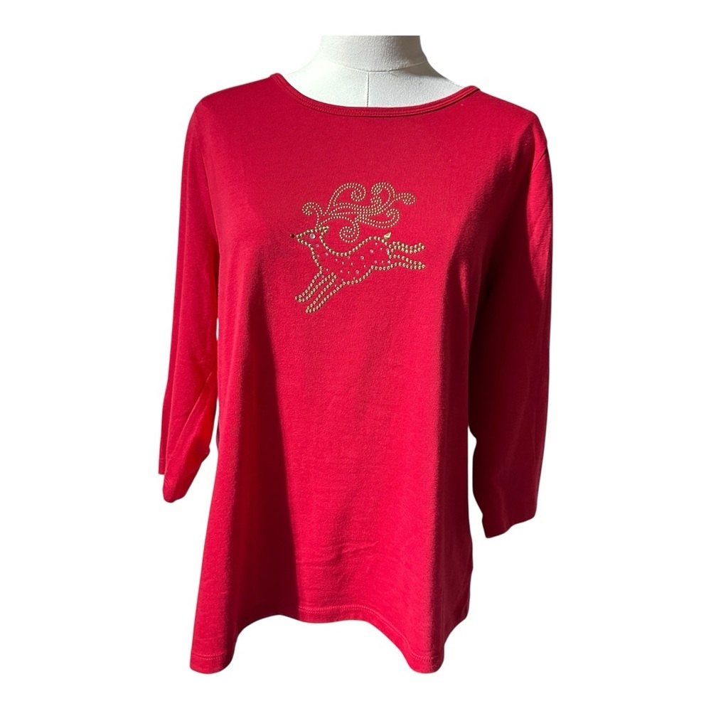 Coral Bay Red Reindeer Holiday Top Rhinestone Embellished 3/4 Sleeve Women’s L